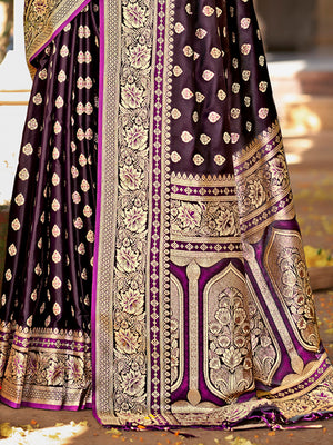 Wine Satin Silk Saree With Blouse Piece