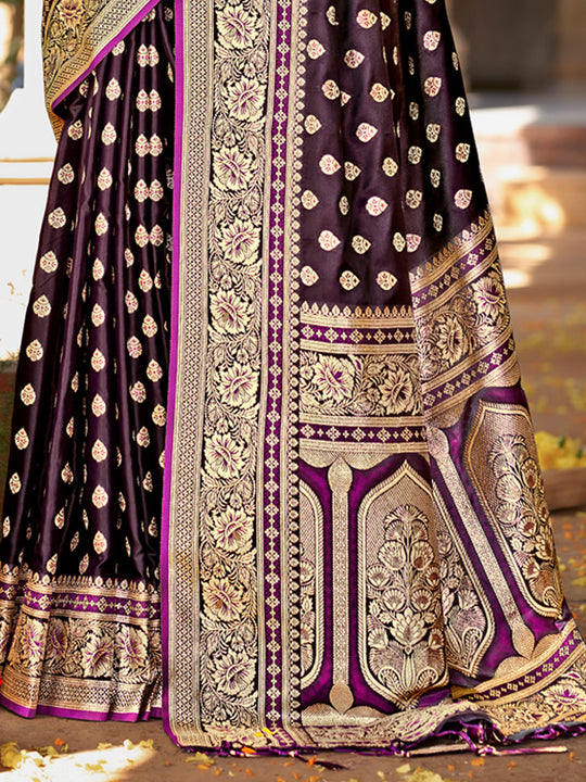 Wine Satin Silk Saree With Blouse Piece