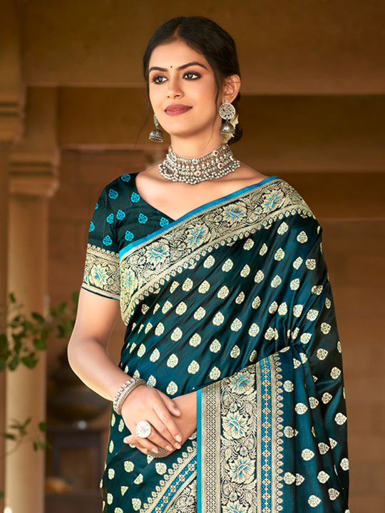 Blue Satin Silk Saree With Blouse Piece
