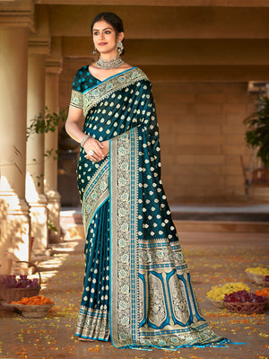 Blue Satin Silk Saree With Blouse Piece