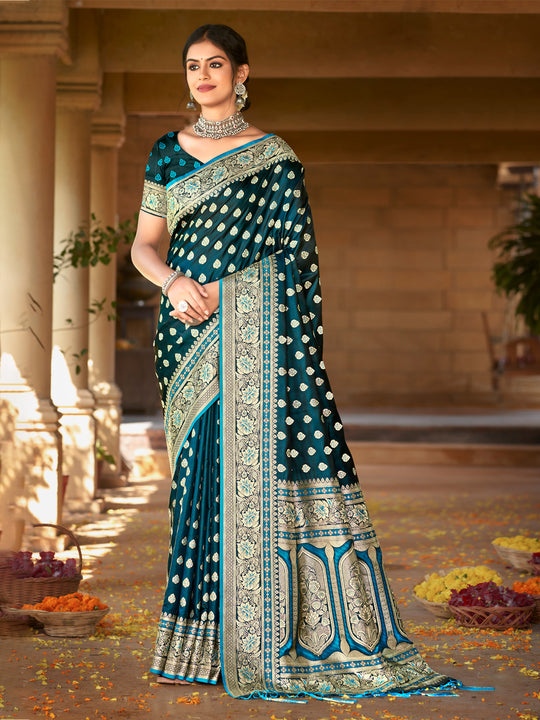 Blue Satin Silk Saree With Blouse Piece