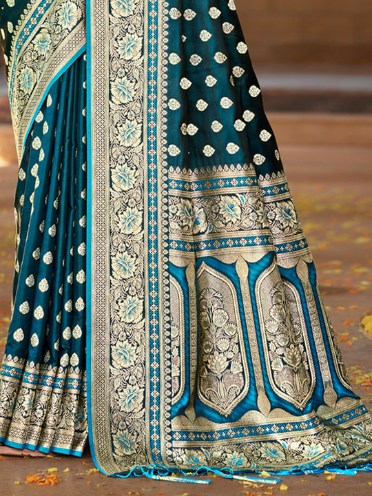 Blue Satin Silk Saree With Blouse Piece