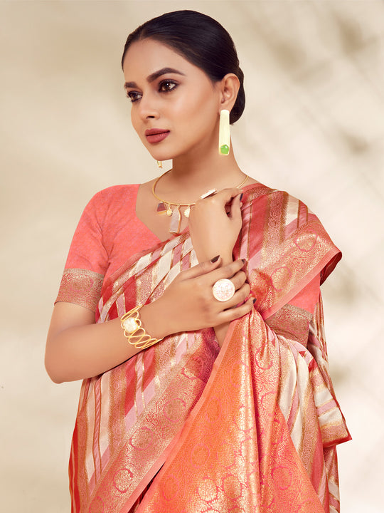 Peach Cotton Thread Work Saree With Blouse Piece