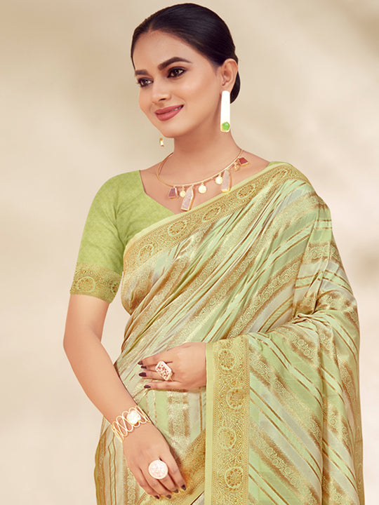 Light Green Cotton Thread Work Saree With Blouse Piece