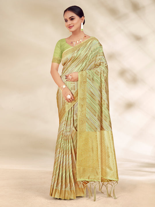 Light Green Cotton Thread Work Saree With Blouse Piece