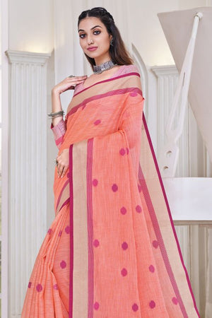 Bright Peach Linen Blend Saree