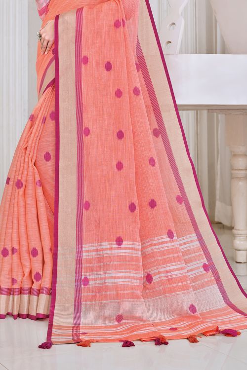 Bright Peach Linen Blend Saree