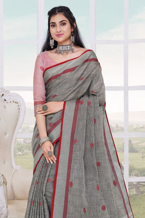 Dark Grey Linen Blend Saree