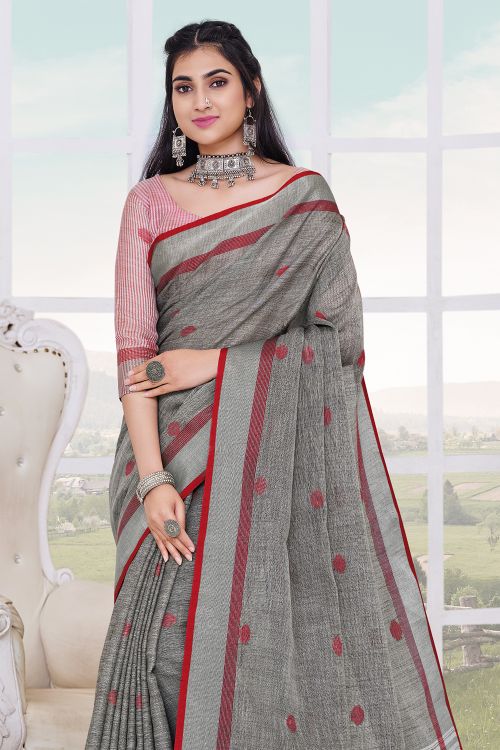 Dark Grey Linen Blend Saree