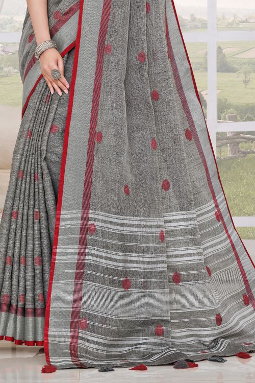 Dark Grey Linen Blend Saree