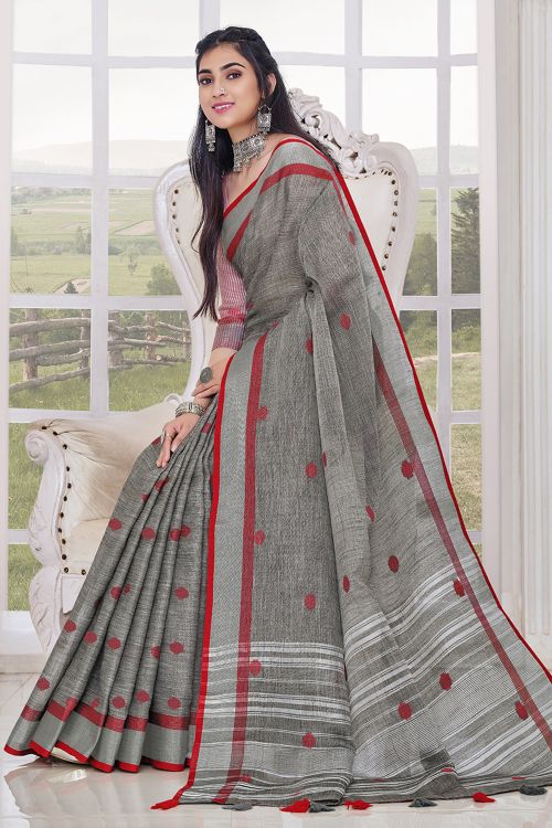 Dark Grey Linen Blend Saree