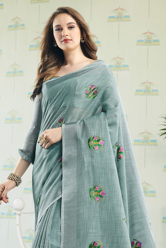 Grey Linen Blend Cotton Saree With Blouse Piece