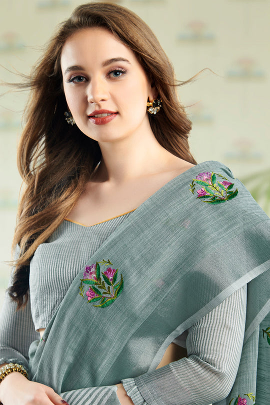 Grey Linen Blend Cotton Saree With Blouse Piece