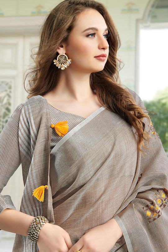 Beige Linen Blend Cotton Saree With Blouse Piece