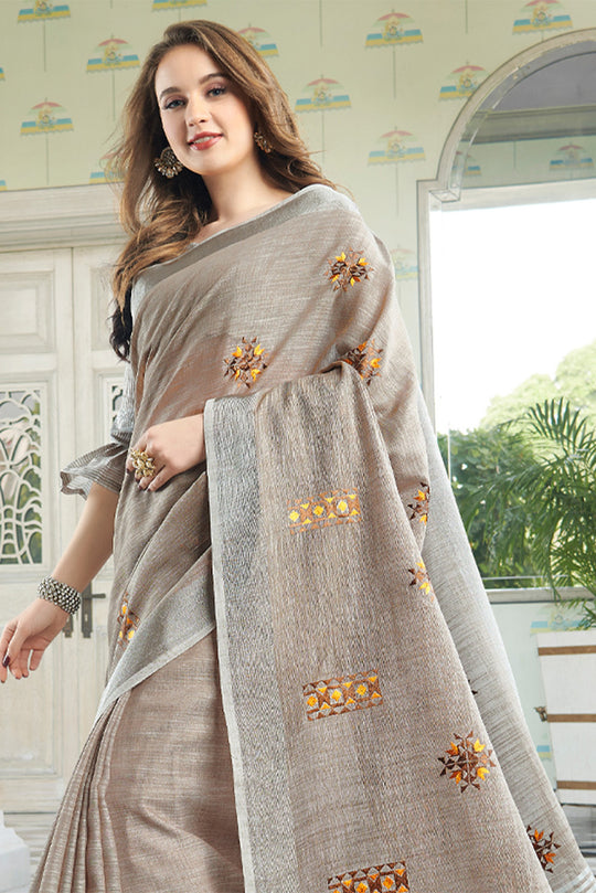 Beige Linen Blend Cotton Saree With Blouse Piece