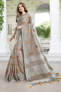 Beige Linen Cotton Saree With Blouse Piece