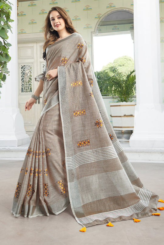 Beige Linen Blend Cotton Saree With Blouse Piece