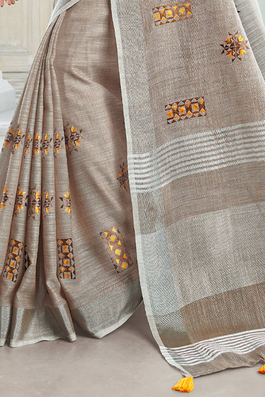 Beige Linen Blend Cotton Saree With Blouse Piece