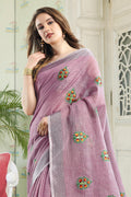 Purple Linen Cotton Saree With Blouse Piece