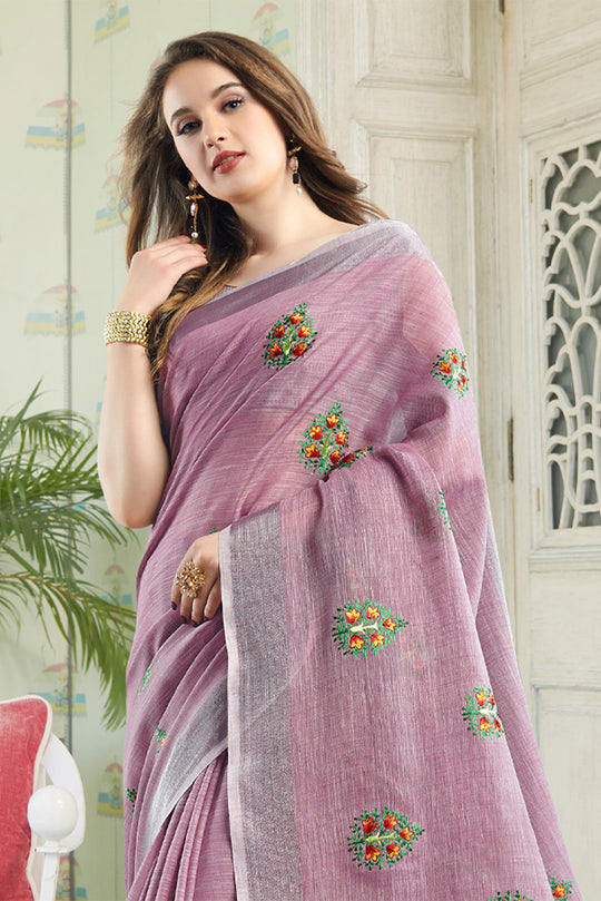 Purple Linen Blend Cotton Saree With Blouse Piece