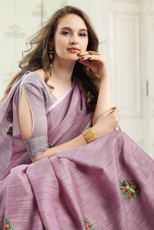 Purple Linen Blend Cotton Saree With Blouse Piece