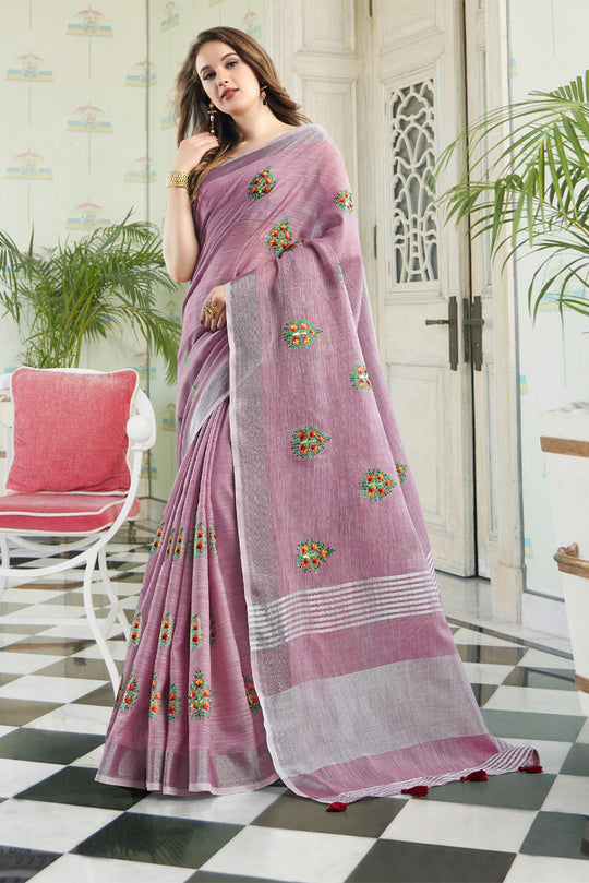Purple Linen Blend Cotton Saree With Blouse Piece