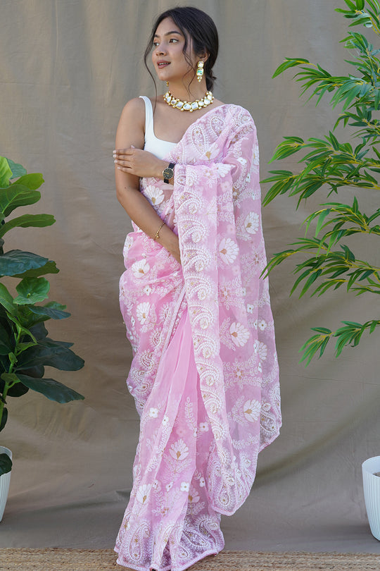 Baby Pink Organza Saree