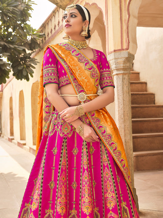 Yellow And Pink Lehenga Choli