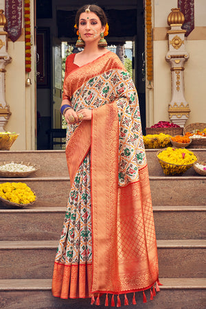 Tan Beige Patola Saree