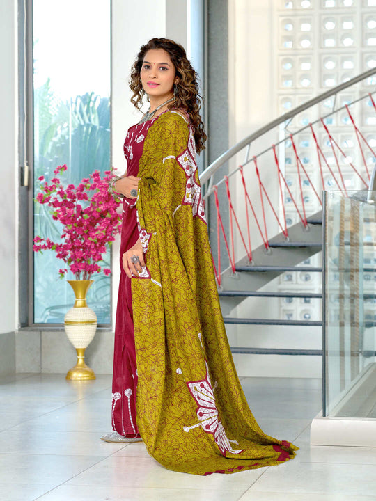 Red Hand Block Print Mulmul Cotton Saree With Blouse Piece