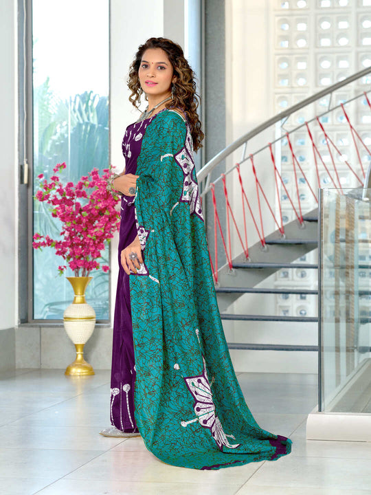 Teal Blue Hand Block Print Mulmul Cotton Saree With Blouse Piece