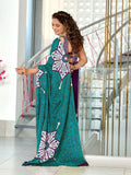 Teal Blue Hand Block Print Mulmul Cotton Saree With Blouse Piece