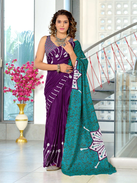 Teal Blue Hand Block Print Mulmul Cotton Saree With Blouse Piece