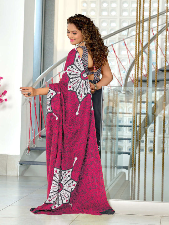 Black Hand Block Print Mulmul Cotton Saree With Blouse Piece