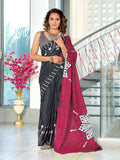 Black Hand Block Print Mulmul Cotton Saree With Blouse Piece
