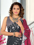 Black Hand Block Print Mulmul Cotton Saree With Blouse Piece