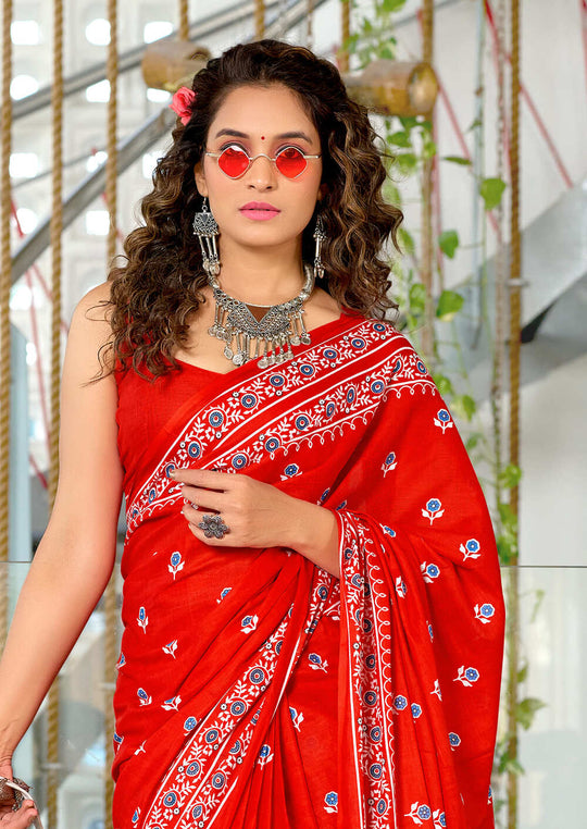 Red Pure Cotton Hand Block Print Sarees Saree With Blouse Piece