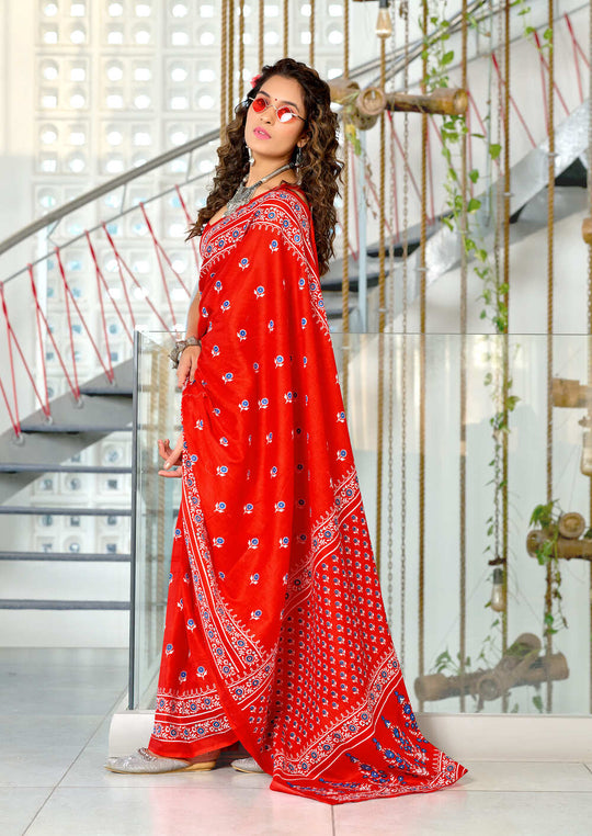 Red Pure Cotton Hand Block Print Sarees Saree With Blouse Piece