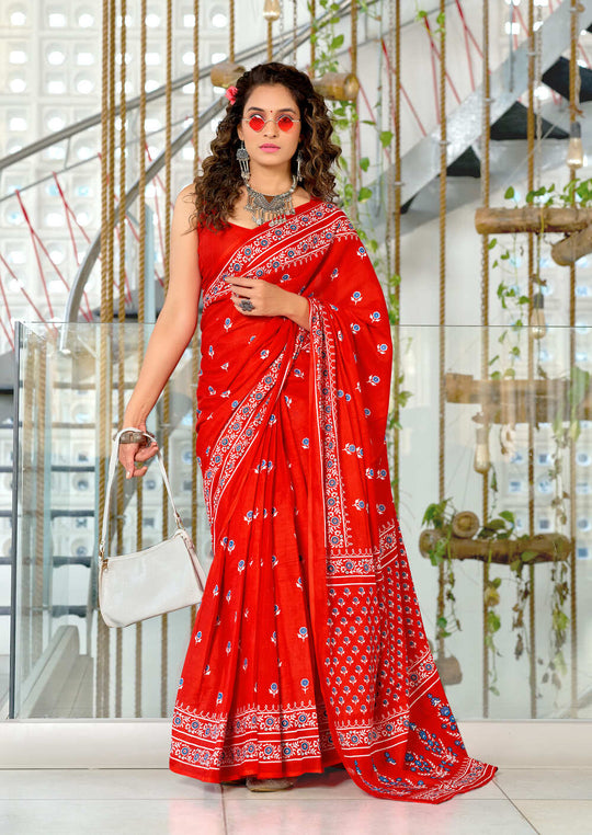 Red Pure Cotton Hand Block Print Sarees Saree With Blouse Piece