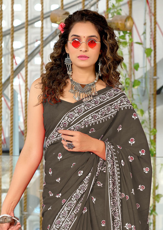 Grey Pure Cotton Hand Block Print Sarees Saree With Blouse Piece