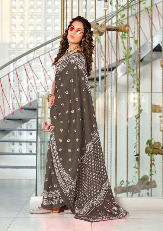 Grey Pure Cotton Hand Block Print Sarees Saree With Blouse Piece