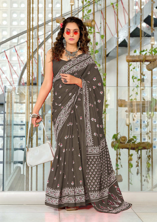 Grey Pure Cotton Hand Block Print Sarees Saree With Blouse Piece