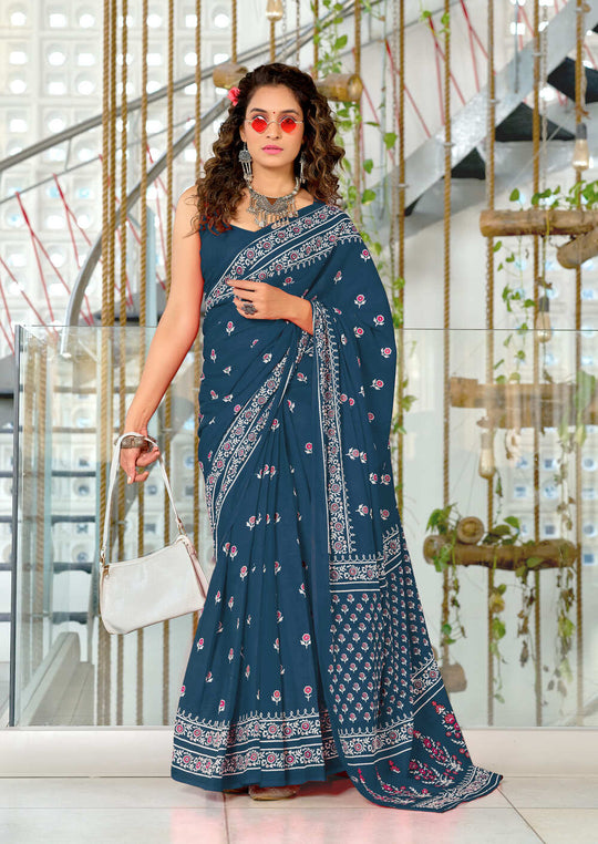 Blue Pure Cotton Hand Block Print Sarees Saree With Blouse Piece