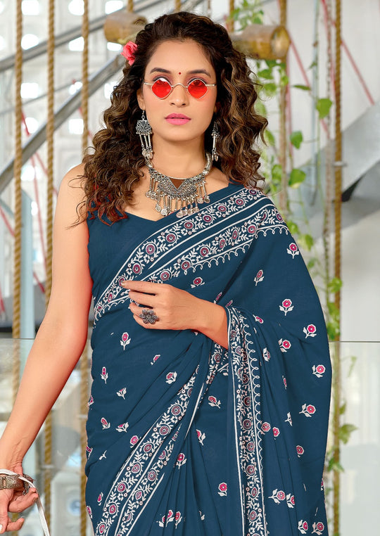 Blue Pure Cotton Hand Block Print Sarees Saree With Blouse Piece