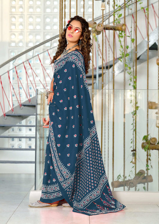 Blue Pure Cotton Hand Block Print Sarees Saree With Blouse Piece