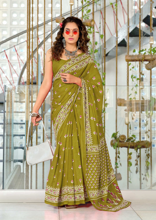Lime Green Pure Cotton Hand Block Print Sarees Saree With Blouse Piece