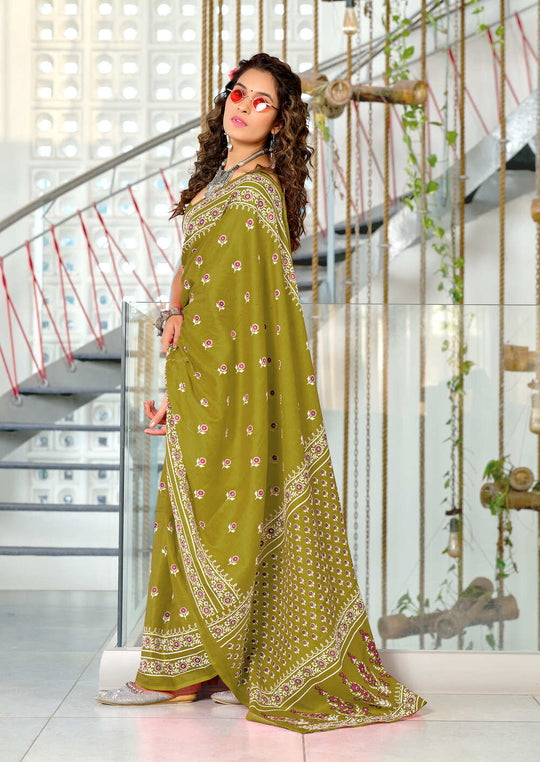 Lime Green Pure Cotton Hand Block Print Sarees Saree With Blouse Piece