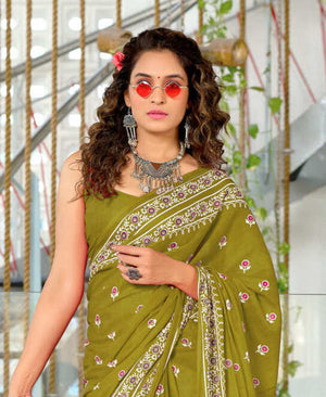 Lime Green Pure Cotton Hand Block Print Sarees Saree With Blouse Piece