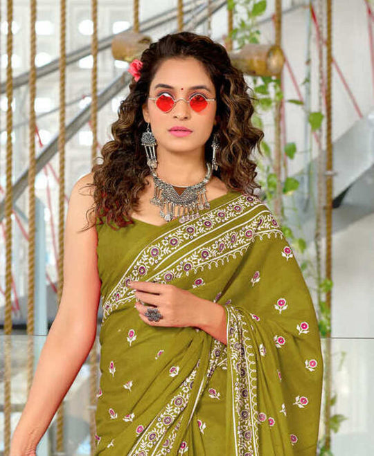 Lime Green Pure Cotton Hand Block Print Sarees Saree With Blouse Piece