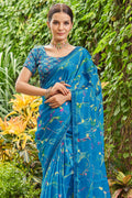 Cyan Blue Satin Saree